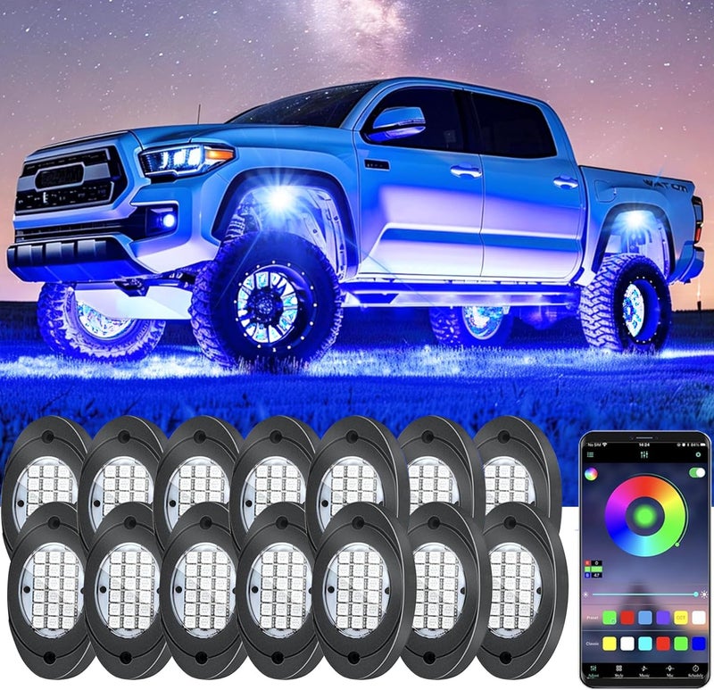 Fimker 14 Pods RGB LED Rock Lights, Underglow Multicolor Neon Light Kit Wheel Well Light with APP Control & Music Mode, Under Glow Lights for Trucks,Jeep,SUV,Golf Cart,ATV,Pickup Off Road,12 V - Image 1